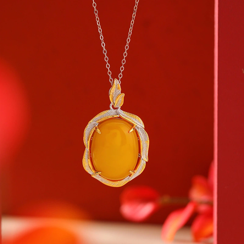 TerraDharma "Vitality Unfolding & Strength-Infused Blessing" Amber & Leaf - Shaped Gilded Silver Pendant Nacklace
