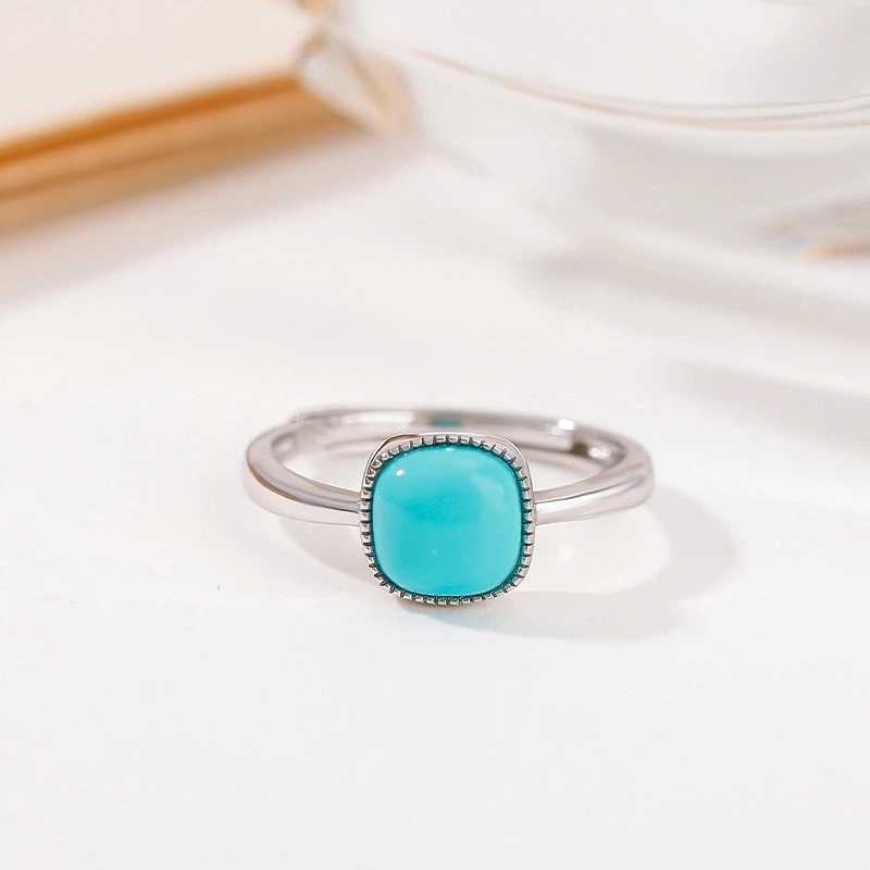 TerraDharma "Heart Harmony & Soul Grounding" Turquoise Geometric Sugar Cube Tooth-Patterned Silver Open Ring