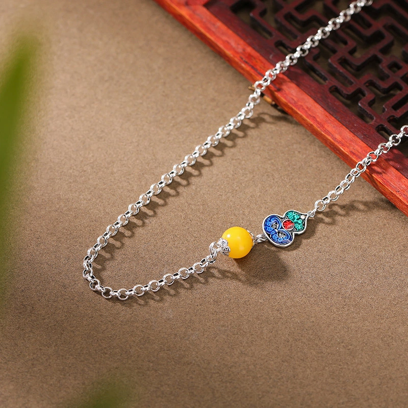 TerraDharma "Longevity Blessing & Lucky Abundance" Amber & Cloisonné Gourd Sterling Silver Necklace