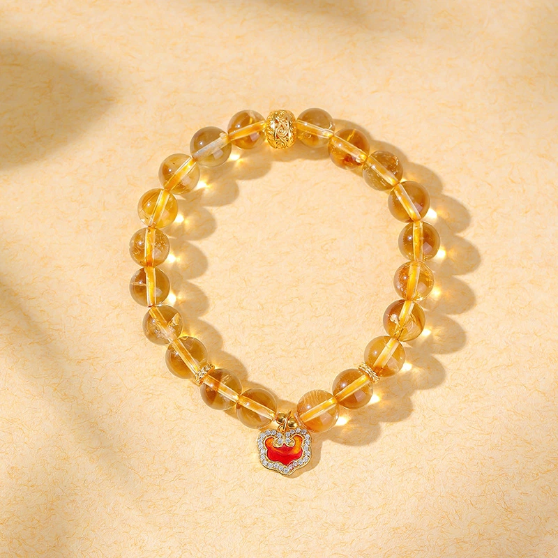 Citrine Lucky Charm Bead Bracelet (with Gold-plated Sterling Silver Ruyi Pendant)