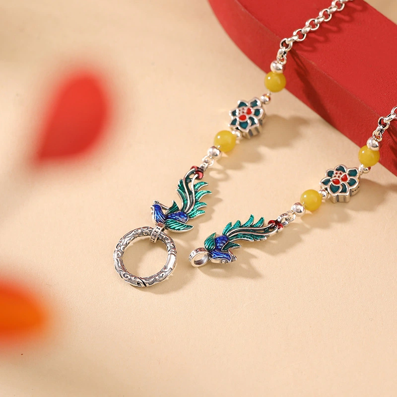 TerraDharma "Prosperity Ascension & Nurturing Fortune" Amber & Cloisonné Phoenix and Lotus Necklace