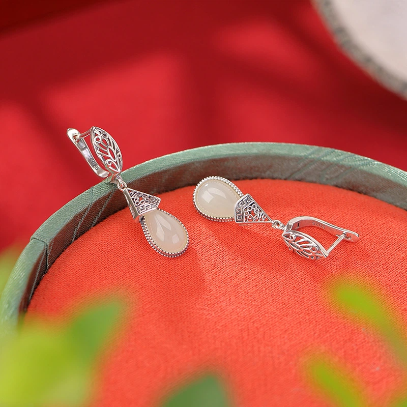Water-drop-shaped Heitan Jade Earrings (with Hollowed-out Huiwen Pattern Sterling Silver)