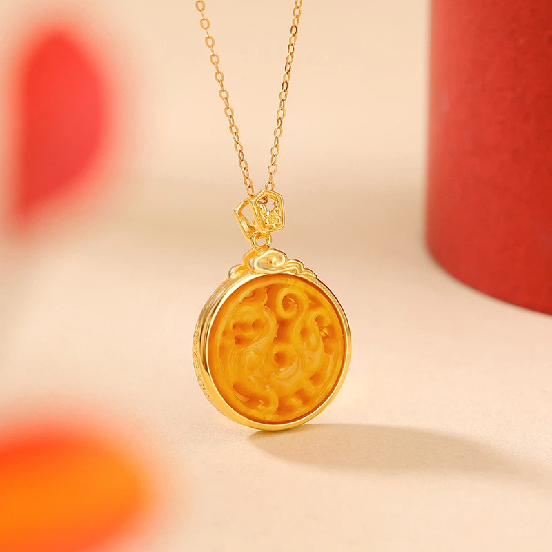 TerraDharma "Divine Prosperity & Wealth-Attracting Blessing" Amber of Auspicious Dragon with Six-Syllable Mantra Pendant Nacklace