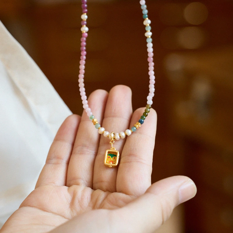 Natural Rainbow Tourmaline Necklace (with Zhaki Lamu Thangka & Freshwater Pearls)