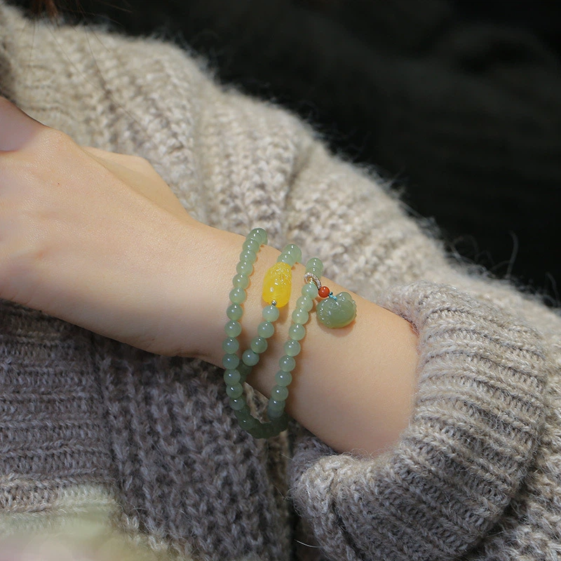 TerraDharma "Divine Wealth Infusion & Harmonious Abundance" Natural Hetian Jade Bracelet (with Amber Pi Yao and Hetian Jade Crab Pendant)