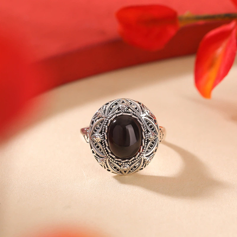 Blood Amber with Retro and Hollowed-out Designed Little Daisy Ring & Earrings (Two-piece Set, Sterling Silver)