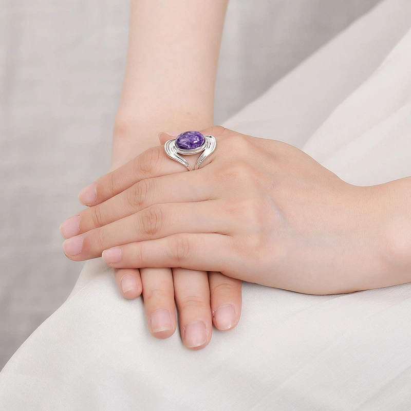 TerraDharma "Spiritual Awakening & Balance Restoration" Natural Oval Charoite Sterling Silver Ring (with Simple Design)