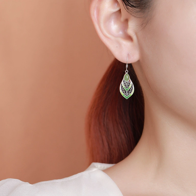 TerraDharma "Resilient Prosperity & Renewal Fortune" Waterdrop-shaped Hetian Jade & Hollowed-out Cloisonné Leaf Silver Earrings