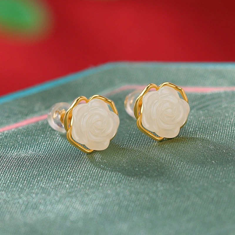 Rose-shaped Hetian Jade stud earrings (Gold-plated Sterling Silver)