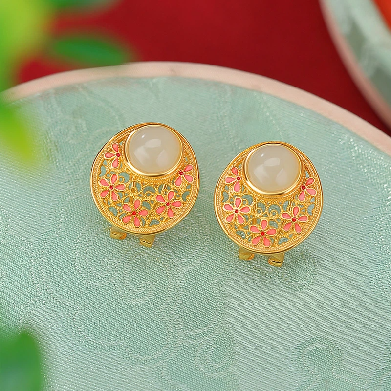 Pink Enamel with Hetian Jade Openwork Stud earrings with clip-on Function (Gold-plated Sterling Silver)