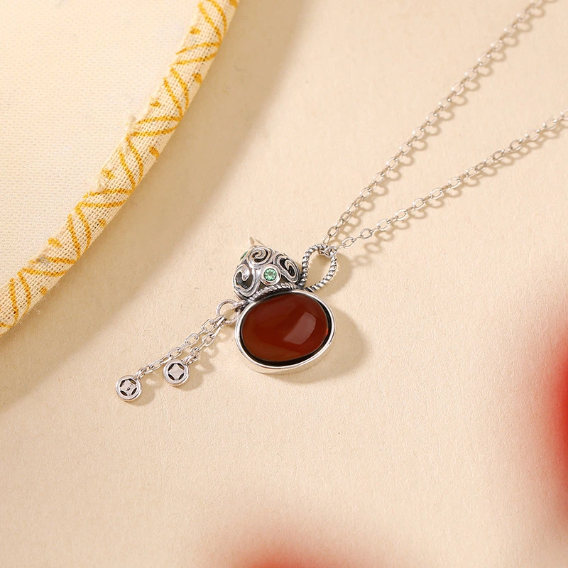 TerraDharma "Blessing Container & Fortune Gathering" Amber / Blood Amber of Gourd-shaped Pendant Nacklace with Tassel