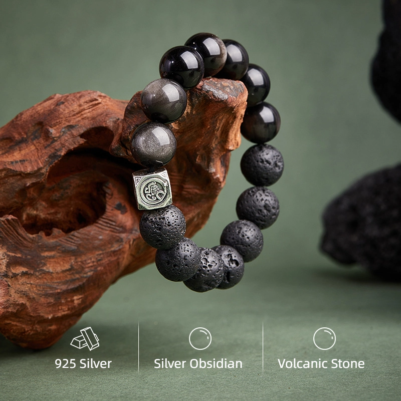 TerraDharma "Unshakable Luck & Spiritual Healing" Volcanic Stone & Silver Obsidian Beaded Bracelet