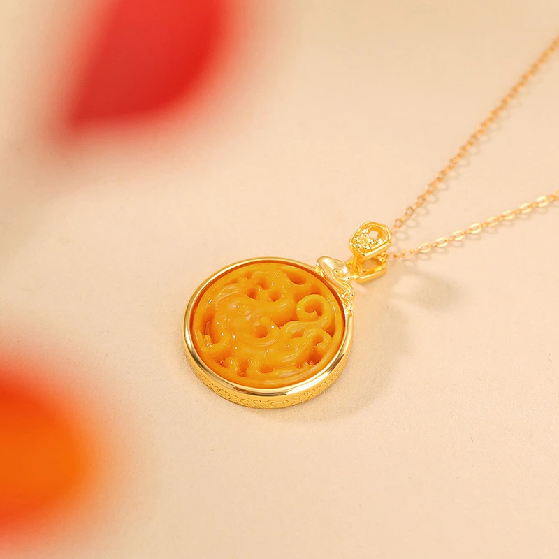 TerraDharma "Divine Prosperity & Wealth-Attracting Blessing" Amber of Auspicious Dragon with Six-Syllable Mantra Pendant Nacklace