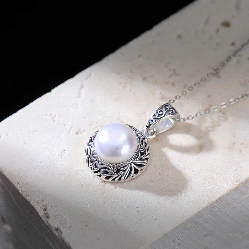 TerraDharma "Vitality Unfolding & Innocent Fortune" Freshwater pearl with Scroll Pattern Pendant Necklace
