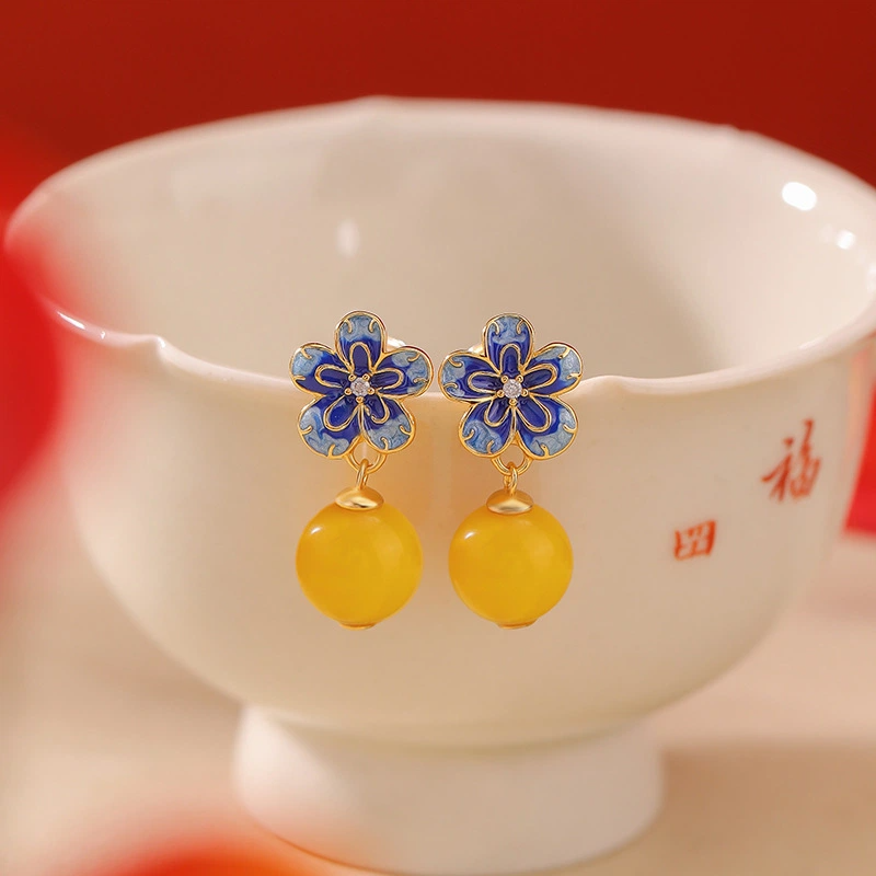 Plum Blossom-shaped Cloisonné with Beeswax Round Bead Earrings