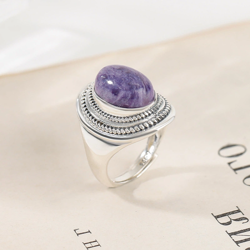 Natural Oval Charoite Sterling Silver Ring