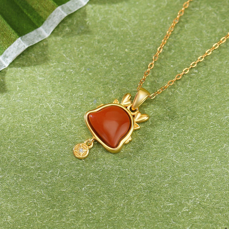 TerraDharma "Prosperity Granting & Lucky Protetion" South Red Agate of Auspicious Dragon Pendant Nacklace