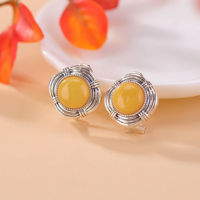 TerraDharma "Mind Purification & Emotional Calming" Amber Rhombus Stud Earrings