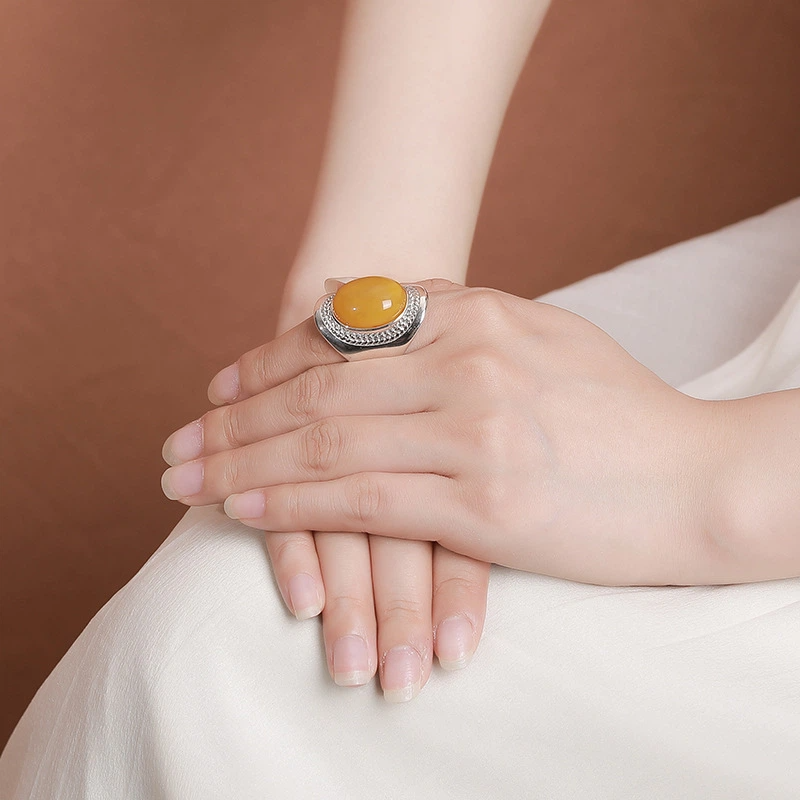 TerraDharma "Prosperity Abundance & Auspicious Protection" Egg-shaped Amber with Wheat Ears Pattern Silver Ring