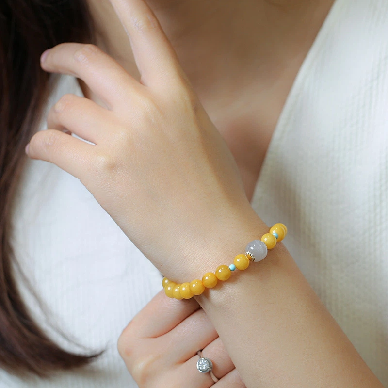 TerraDharma "Emotion Balance &Nurtured Fortune" Natural Amber & Hetian Jade Bracelet