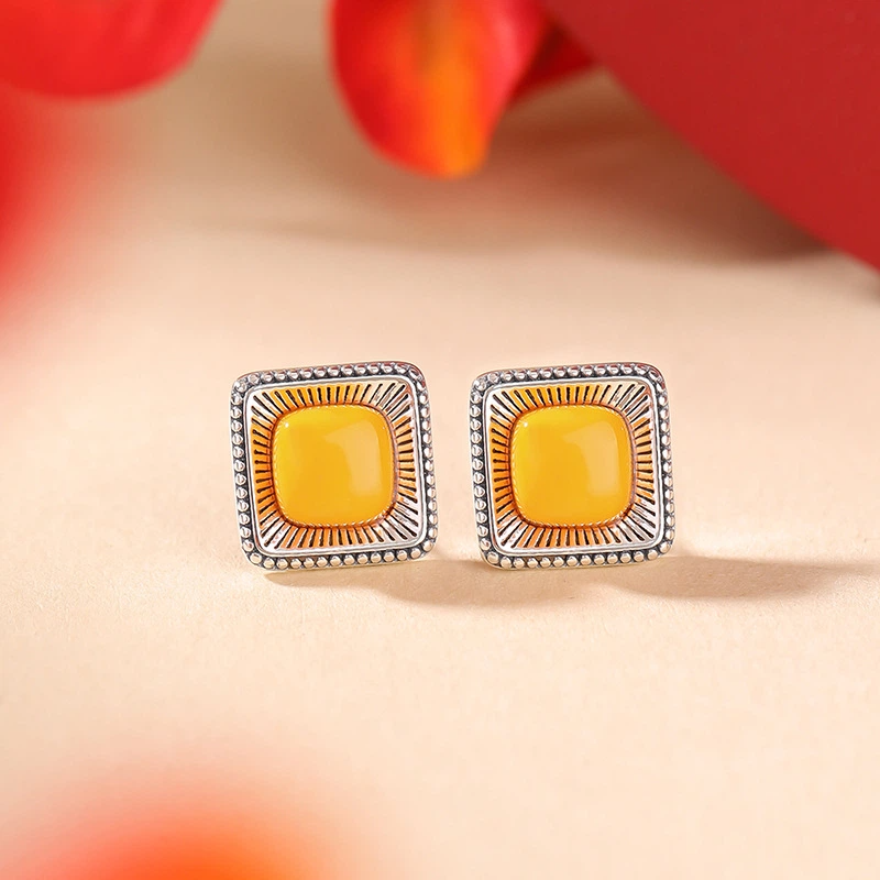 TerraDharma "Radiant Renewal & Positivity Infusion" Sun - Inspired Amber & Silver Stud Earrings