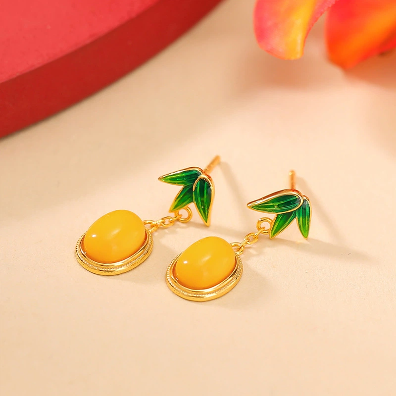 TerraDharma "Nurturing Fortune & Vitality Aundance" Amber & Enamel Bamboo Leaves Earrings