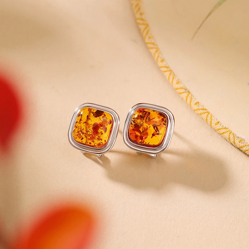 Flower Amber Retro Simple Design Square Stud Earrings with Clip-on Function (Sterling Silver)