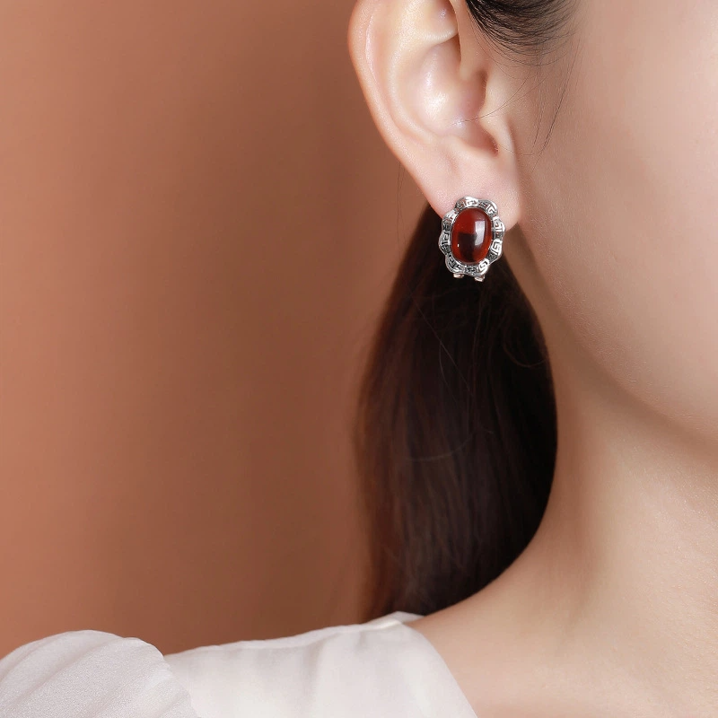 TerraDharma "Passionate Prosperity & Continuous Harmony" Blood Amber with Greek Fret Pattern Earrings