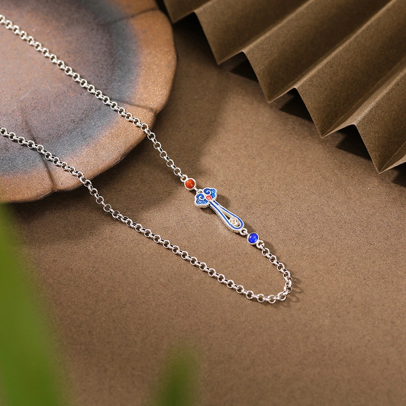 TerraDharma "Blessing Embracing & Wealth Attraction" South Red Agate & Cloisonné Ruyi Sterling Silver Necklace