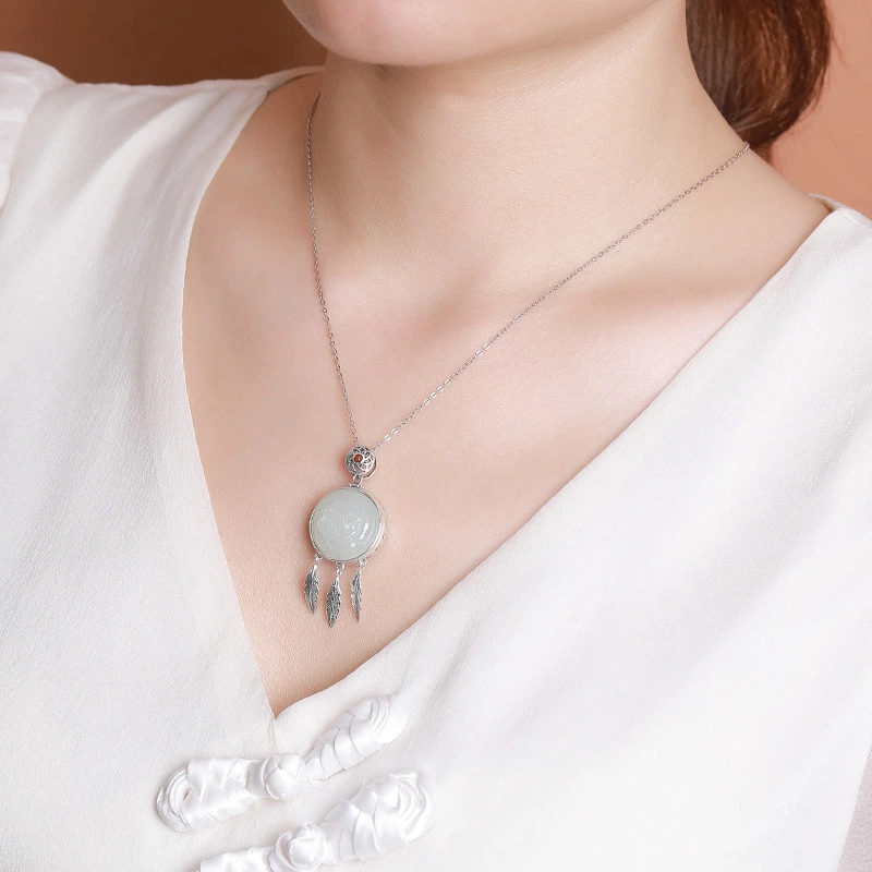 TerraDharma "Romantic Blessing & Sweet Fortune" South Red Agate & Hetian Jade Vintage Rose with Feather Tassel Pendant Nacklace