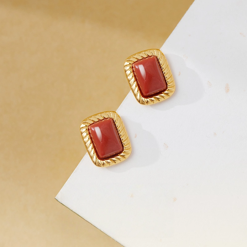 TerraDharma "Heart Healing & Inner Harmony" South Red Agate & Twisted - Pattern Stud Earrings
