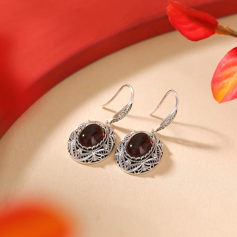 Blood Amber with Retro and Hollowed-out Designed Little Daisy Ring & Earrings (Two-piece Set, Sterling Silver)