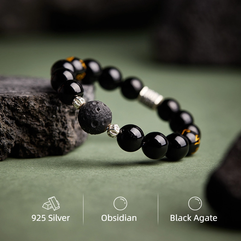 TerraDharma "Stability Blessing & Divine Protection" Obsidian & Six Syllable Mantra Black Agate Beaded Bracelet