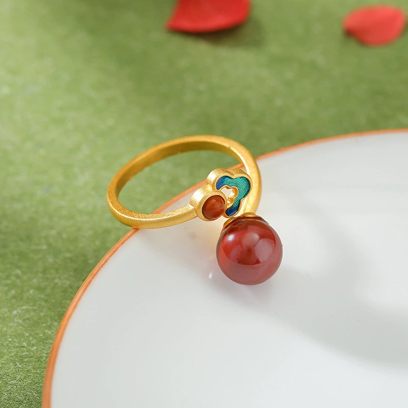 TerraDharma "Protective Blessing & Smooth Prosperity" Cinnabar with Cloisonné Ruyi Pattern Silver Open Ring