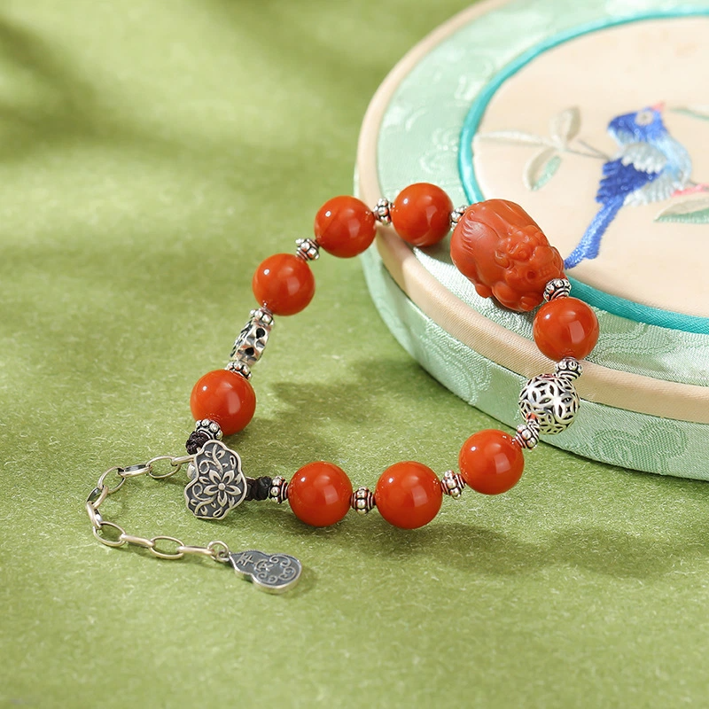 TerraDharma "Wealth-Attracting Blessing & Lucky Protection" South Red Agate & Pi Yao with Silver Charm Bracelet