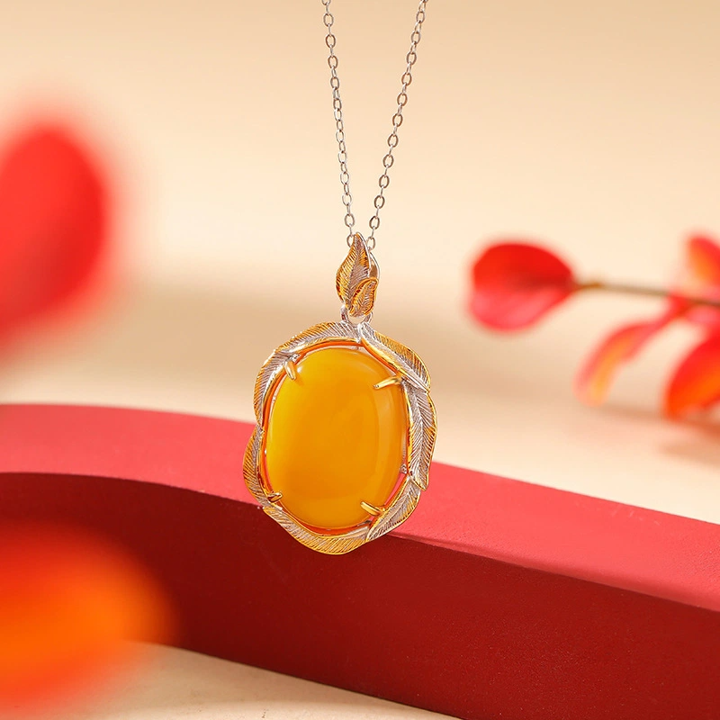 TerraDharma "Vitality Unfolding & Strength-Infused Blessing" Amber & Leaf - Shaped Gilded Silver Pendant Nacklace