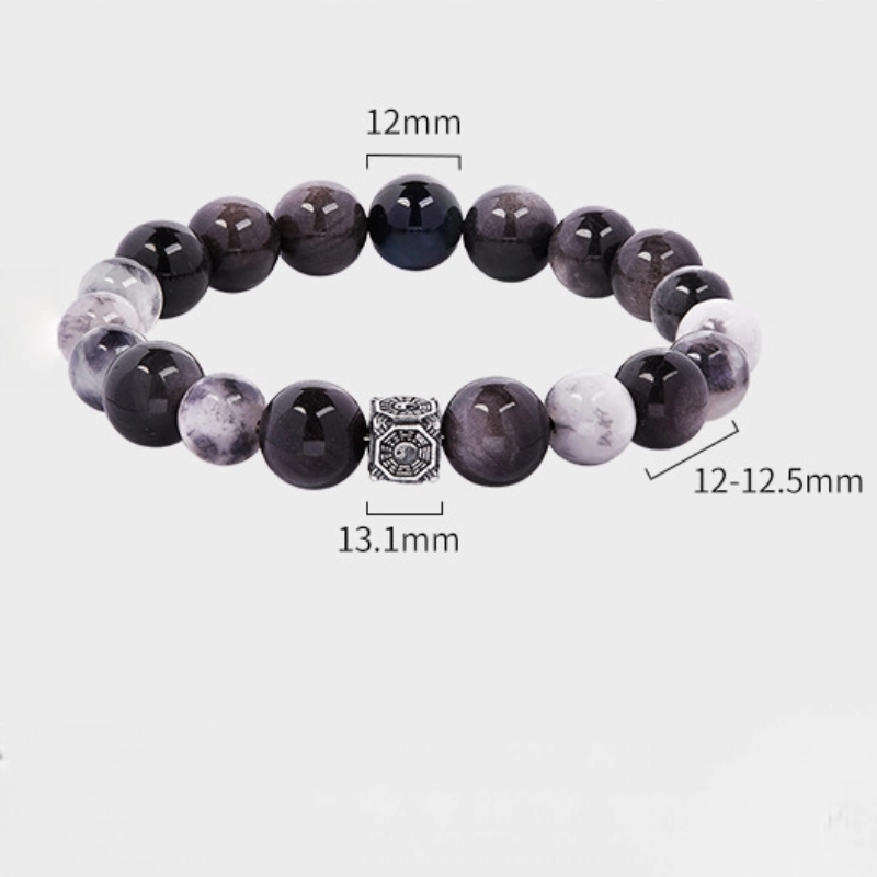 TerraDharma "Focused Serenity & Spiritual Healing" Blue Tiger's Eye & Silver Obsidian Bracelet