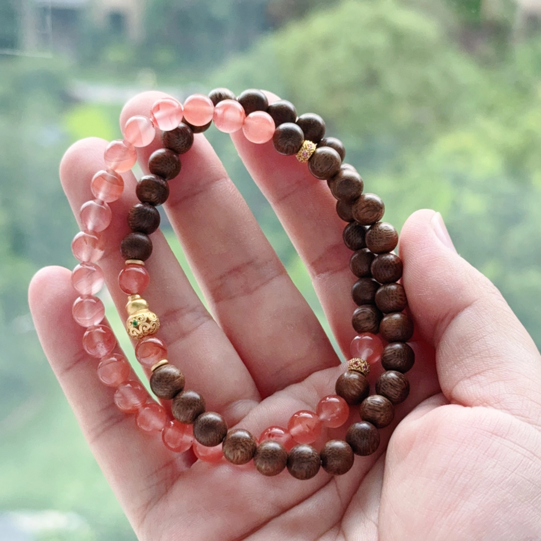 TerraDharma "Heart Healing &Mindful Relaxation" Agarwood and Cerise Agate Bracelet