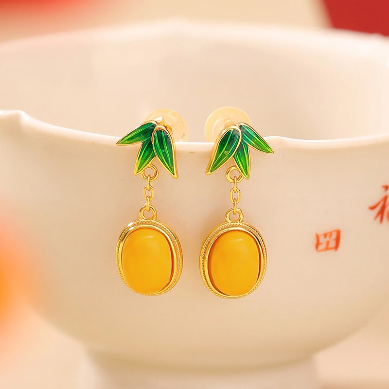 TerraDharma "Nurturing Fortune & Vitality Aundance" Amber & Enamel Bamboo Leaves Earrings