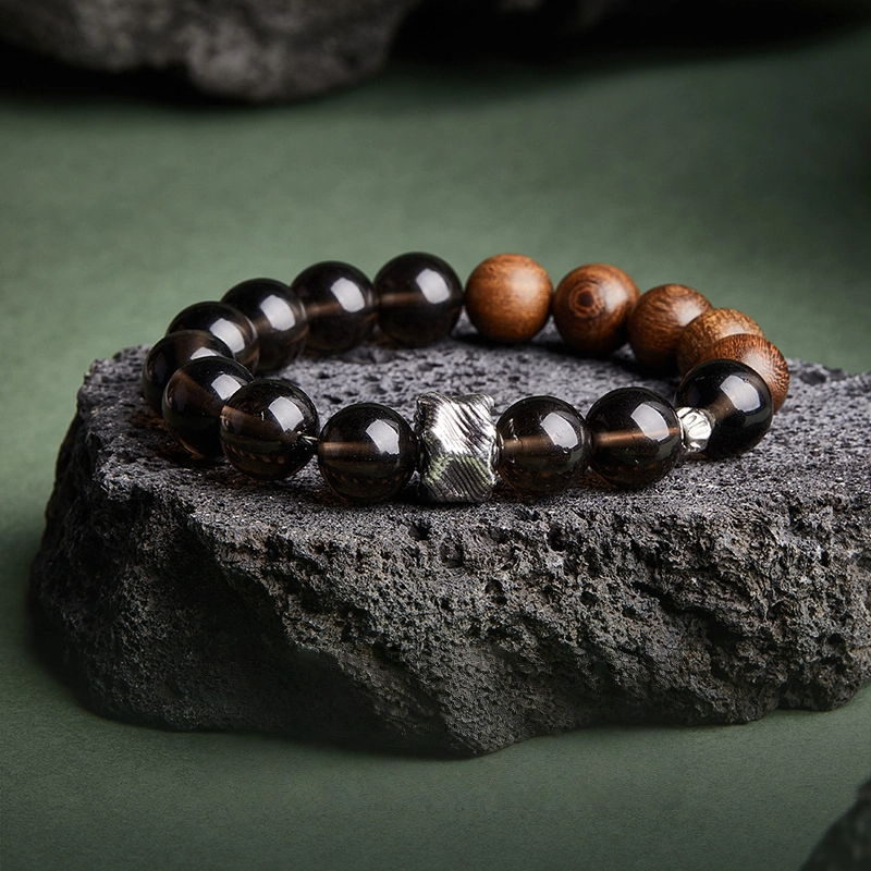 TerraDharma "Graceful Protection & Calm Prospetity" Sandalwood & Ice Obsidian Beaded Bracelet