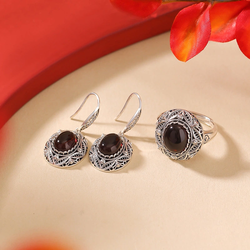 Blood Amber with Retro and Hollowed-out Designed Little Daisy Ring & Earrings (Two-piece Set, Sterling Silver)