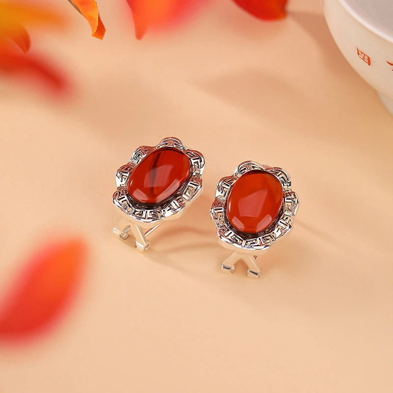 TerraDharma "Passionate Prosperity & Continuous Harmony" Blood Amber with Greek Fret Pattern Earrings