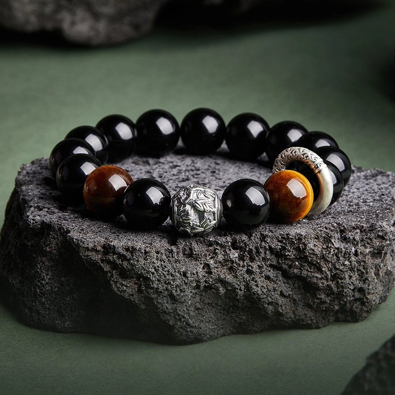 TerraDharma "Spiritual Healing & Confidence Boost" Obsidian & Gold Tiger's Eye Beaded Bracelet