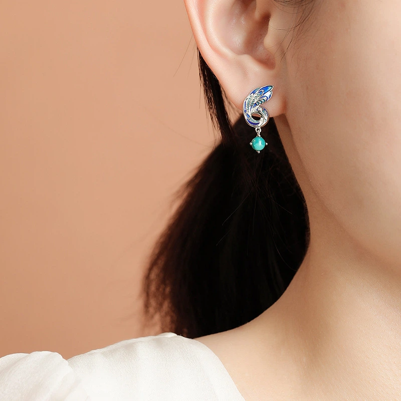 TerraDharma "Heart Harmony & Nurturing Energy" Enamel Peacock-shaped Earrings with Turquoise Stones