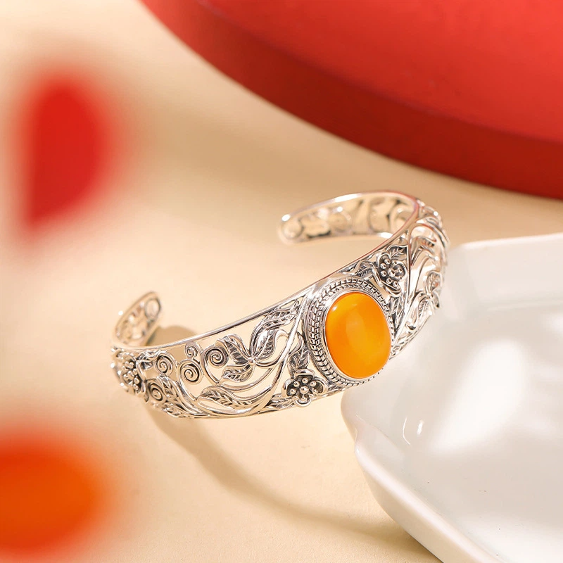 TerraDharma "Positivity Infusion & Abundance Attraction" Amber Silver Bracelet with Scroll / Pomegranate Patterns