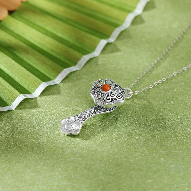 TerraDharma "Wish-Fulfilling Blessing & Heart Healing" South Red Agate of Ruyi Pendant Nacklace