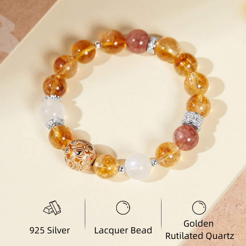 TerraDharma "Timeless Blessing & Mind Sharpening" Lacquer Bead & Golden Rutilated Quartz Beaded Bracelet