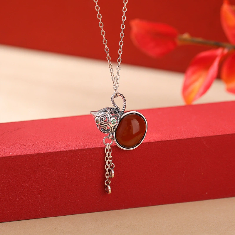 TerraDharma "Blessing Container & Fortune Gathering" Amber / Blood Amber of Gourd-shaped Pendant Nacklace with Tassel