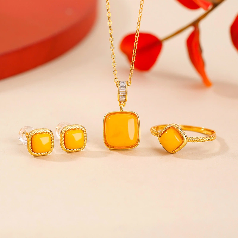 TerraDharma "Vitality Preservation & Harmony Convergence" Simple Geometric Square Jewelry Set Made of Amber