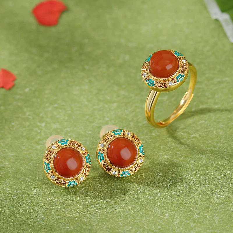 TerraDharma "Strength Infusion & Focus Enhancement" South Red Agate & Hollowed-out Silver Jewelry Set